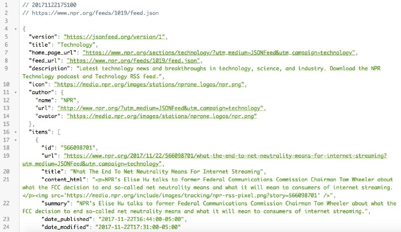 美媒全国公共广播电台开始支持 JSON Feed National Public Radio 的技术团队还在其支持 #JSONFeed 的通知中简述了其对 RSS 的看法